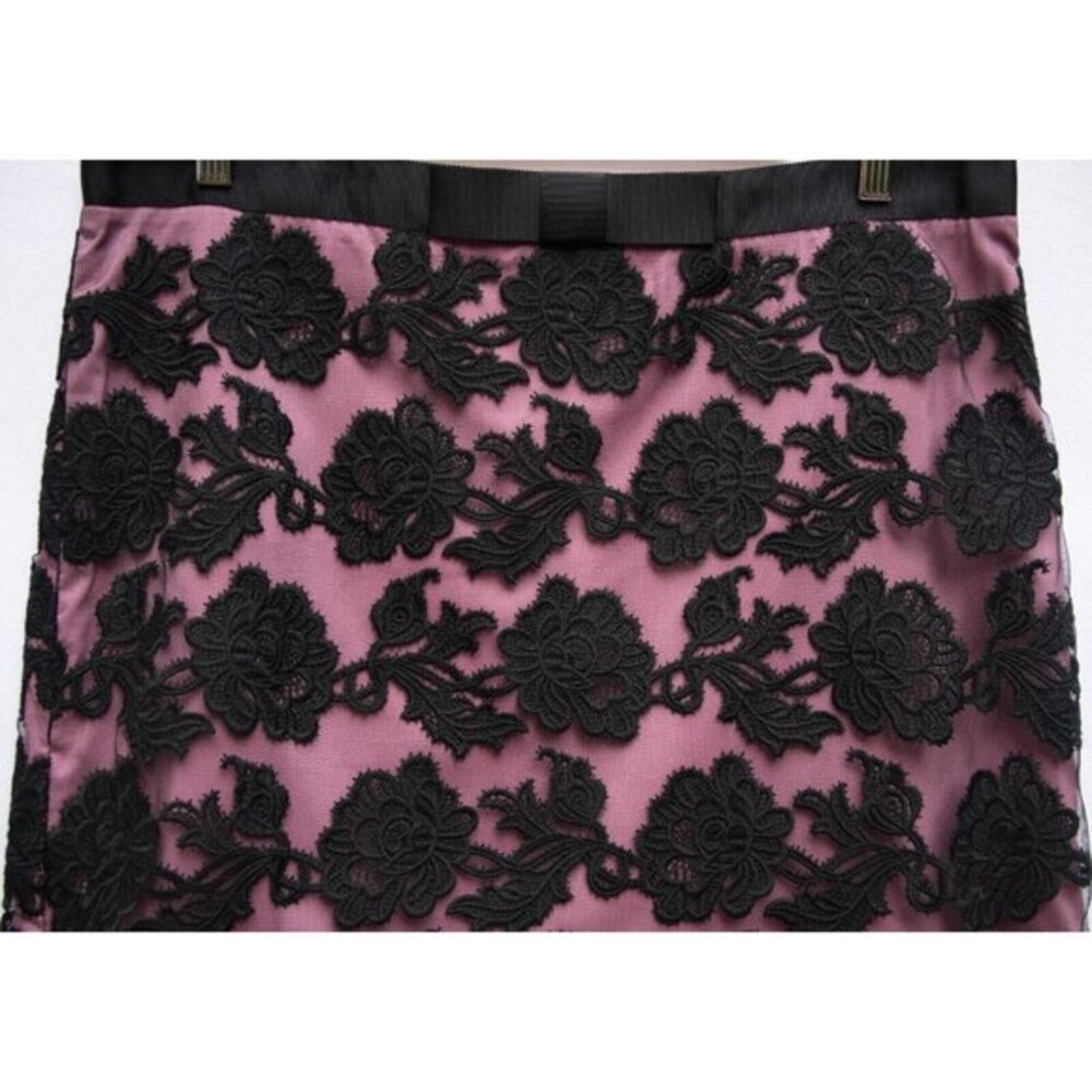 HOBBS Skirt 12 Midi Layered Black Lace over Mauve Pink Lining Bow Whimsygoth
